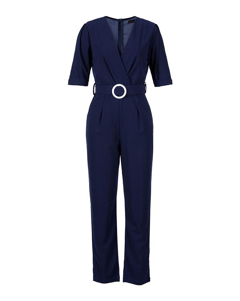 plain half sleeve wrap jumpsuit