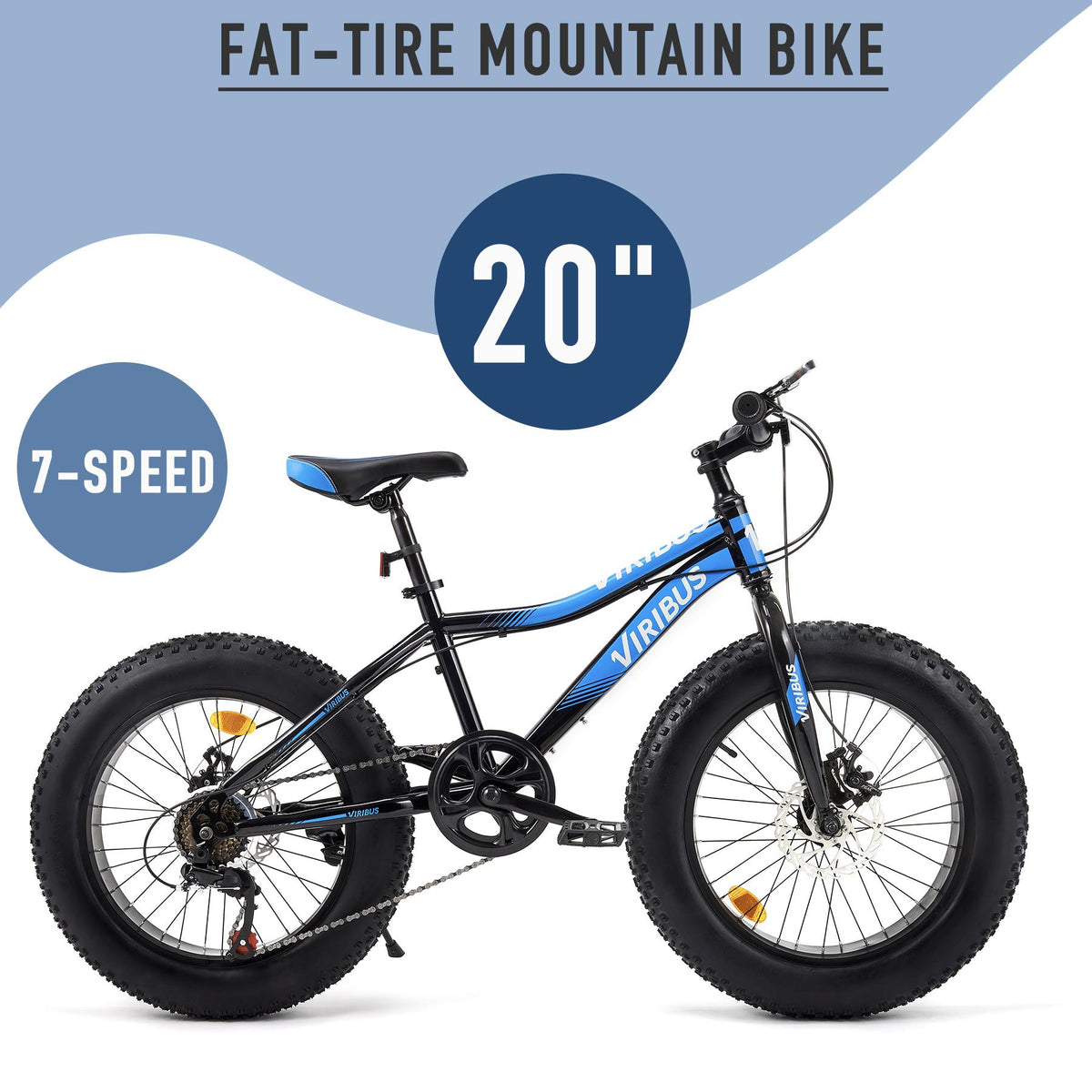 Viribus All Terrain Kids Mountain Bike w 20in. Fat Tires 7 Speeds Dual Disc Brakes, Blue