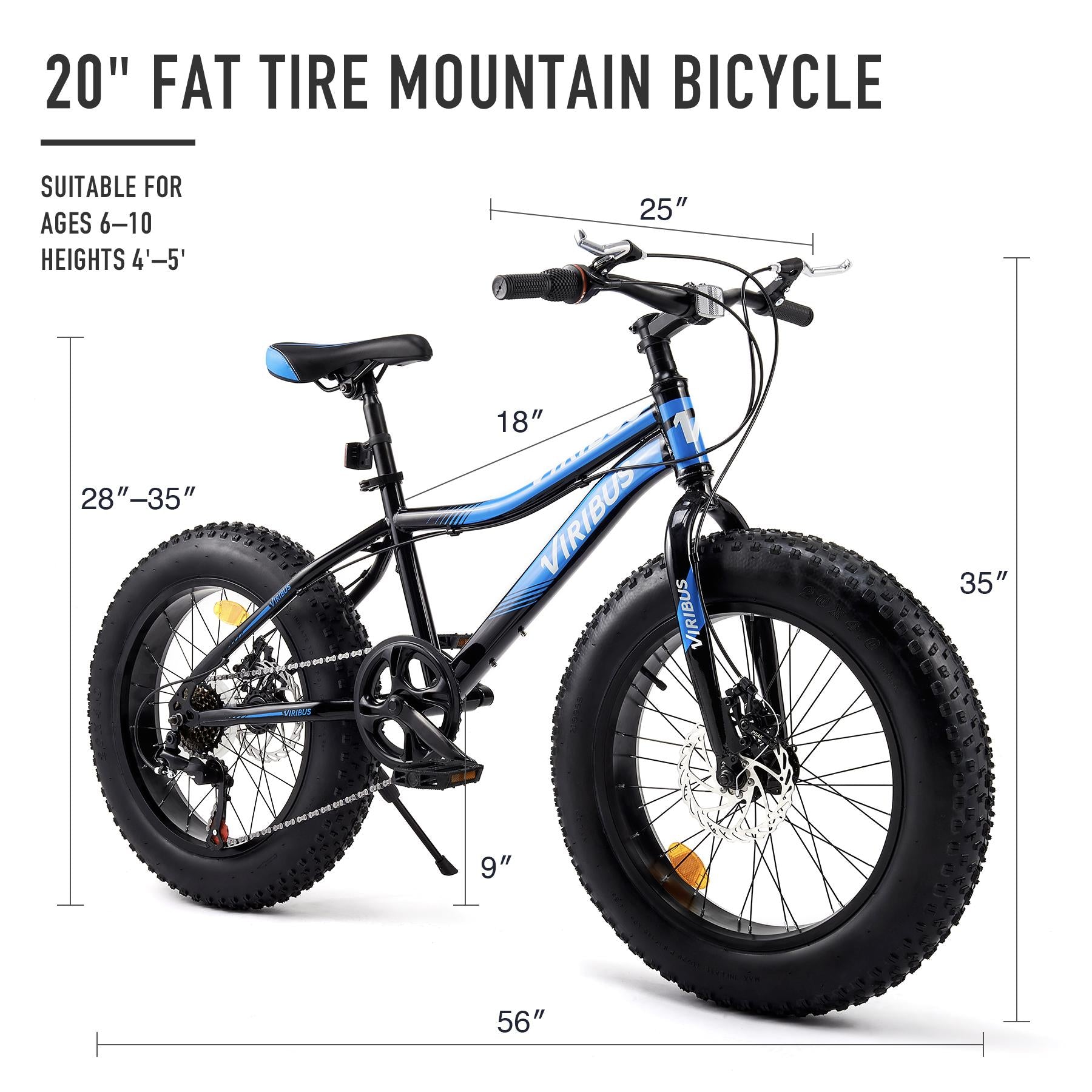 Viribus All Terrain Kids Mountain Bike w 20in. Fat Tires 7 Speeds Dual Disc Brakes, Blue