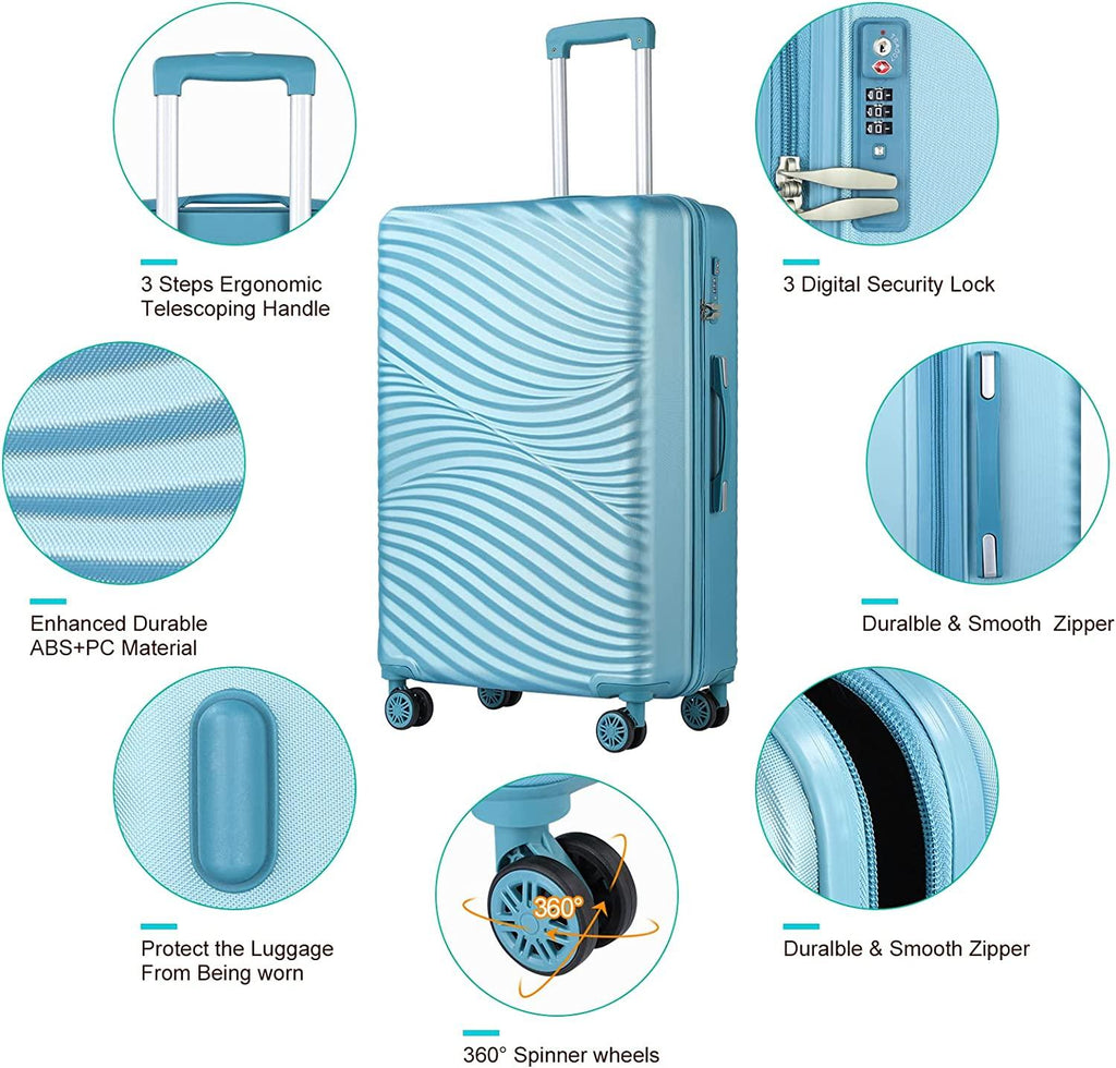 Luggage 3 Piece Set Suitcases Spinner Lightweight with TSA Approved, BLUE WAVE