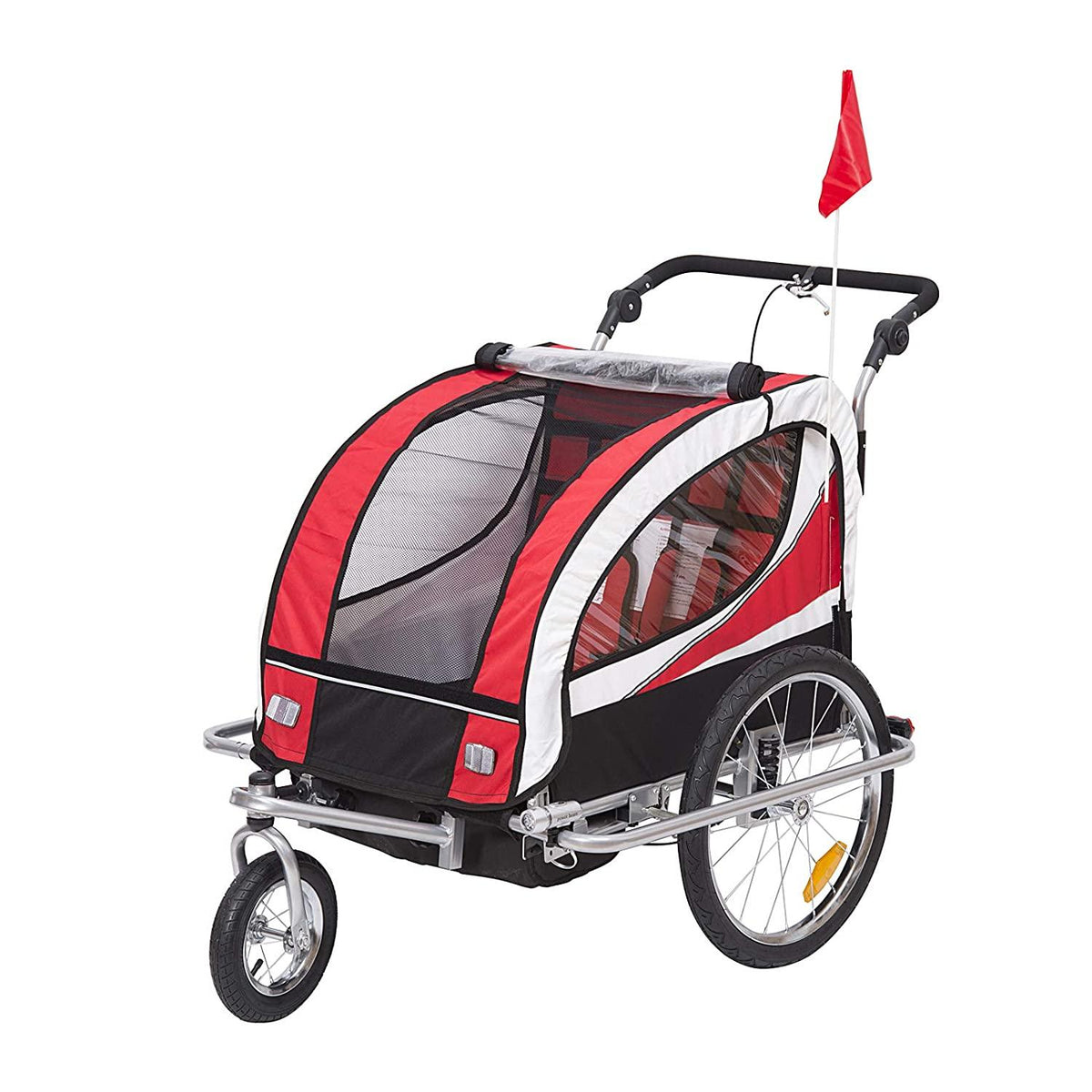 Aosom 2-in-1 Folding Child Bike Trailer &amp; Baby Stroller with Safety Flag, Light Reflectors, &amp; 5 Point Harness, Red