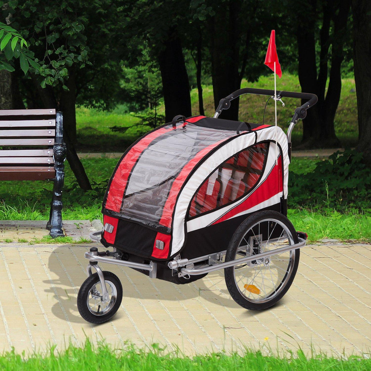 Aosom 2-in-1 Folding Child Bike Trailer &amp; Baby Stroller with Safety Flag, Light Reflectors, &amp; 5 Point Harness, Red
