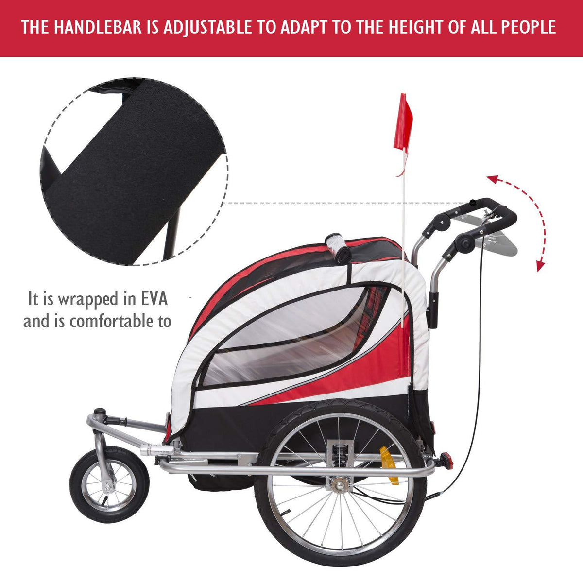 Aosom 2-in-1 Folding Child Bike Trailer &amp; Baby Stroller with Safety Flag, Light Reflectors, &amp; 5 Point Harness, Red