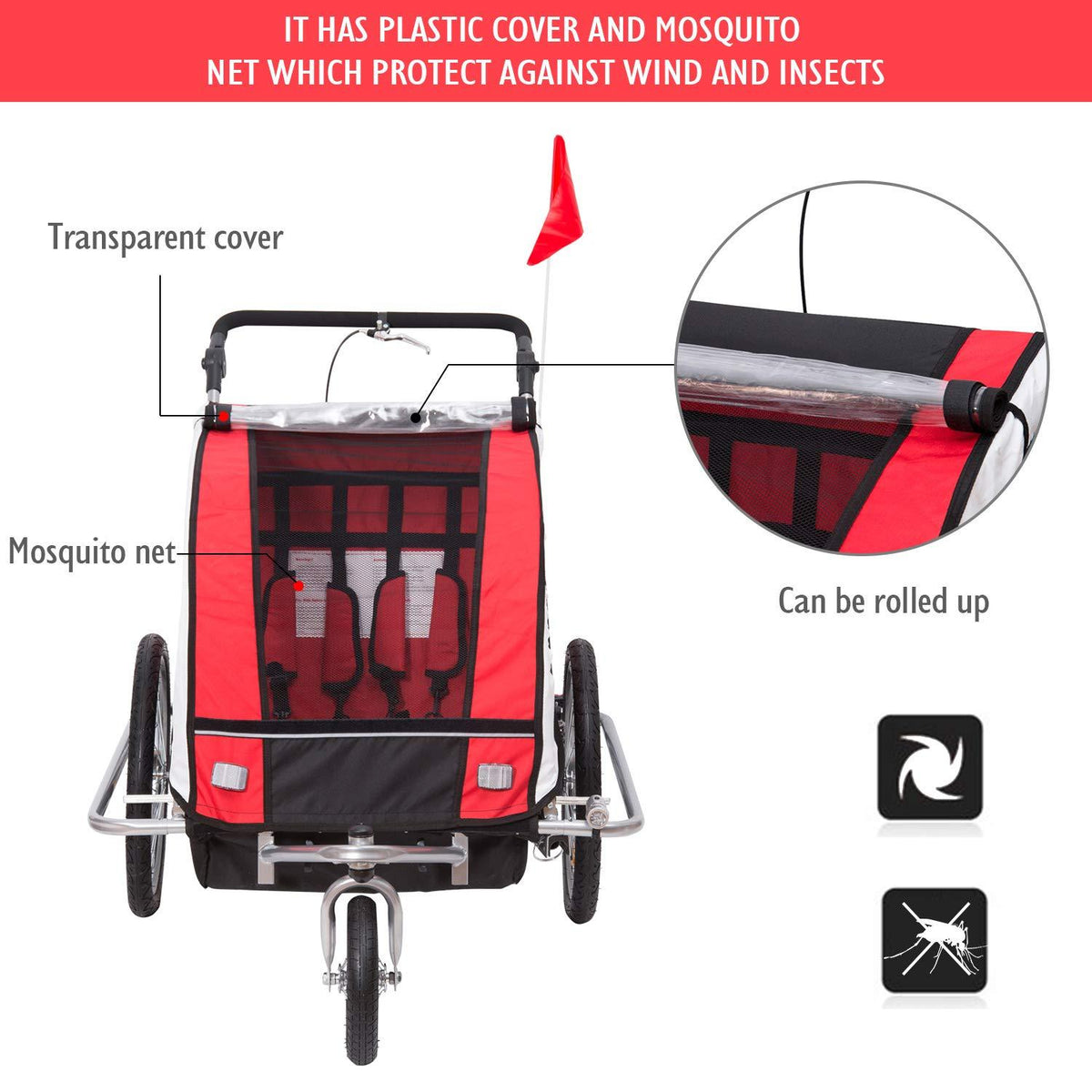 Aosom 2-in-1 Folding Child Bike Trailer &amp; Baby Stroller with Safety Flag, Light Reflectors, &amp; 5 Point Harness, Red
