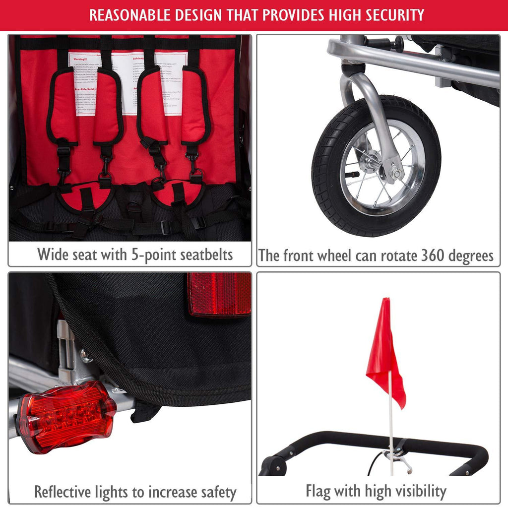 Aosom 2-in-1 Folding Child Bike Trailer &amp; Baby Stroller with Safety Flag, Light Reflectors, &amp; 5 Point Harness, Red