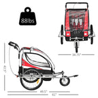 Aosom 2-in-1 Folding Child Bike Trailer &amp; Baby Stroller with Safety Flag, Light Reflectors, &amp; 5 Point Harness, Red