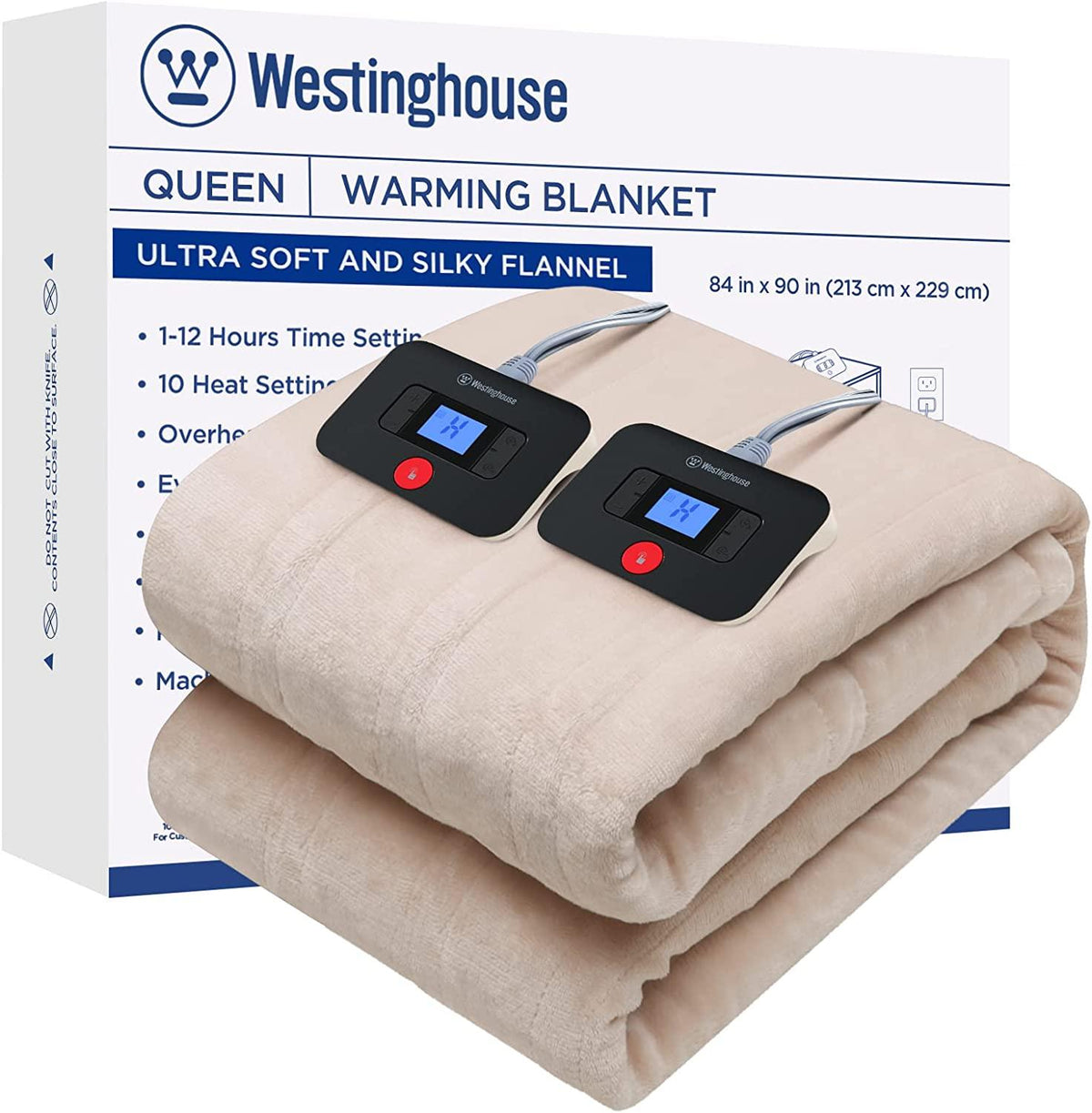 EKF Electric Blanket Flannel | 84x90 inch Warming Heated Blanket-Home, Bed, 1-12 Hour Time Setting, Machine Washable, Beige