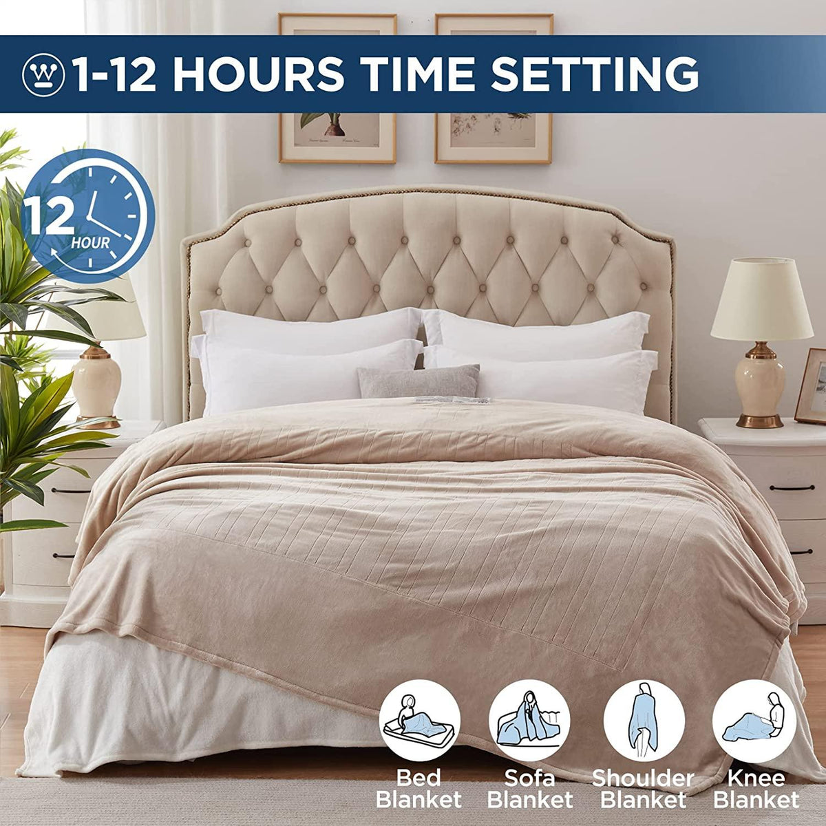 EKF Electric Blanket Flannel | 84x90 inch Warming Heated Blanket-Home, Bed, 1-12 Hour Time Setting, Machine Washable, Beige