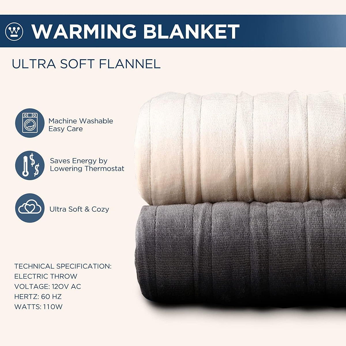 EKF Electric Blanket Flannel | 84x90 inch Warming Heated Blanket-Home, Bed, 1-12 Hour Time Setting, Machine Washable, Beige
