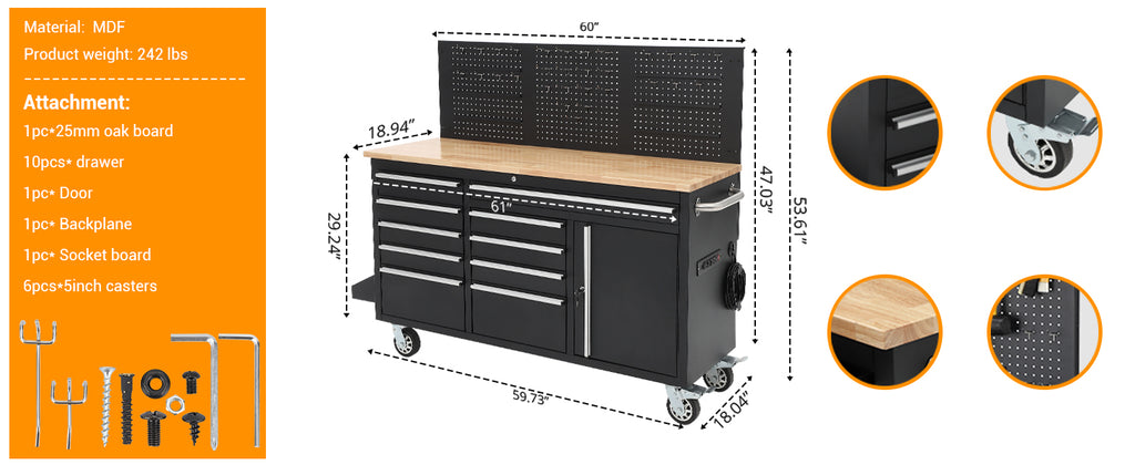 61-Inch Heavy Duty Rolling Tool Chest with 10 Drawers and Solid Rubber Top Mobile Workstation, 1675 LBS Load, Includes Power Strip, LocSystem for GaraWarehouse Repair Shop
