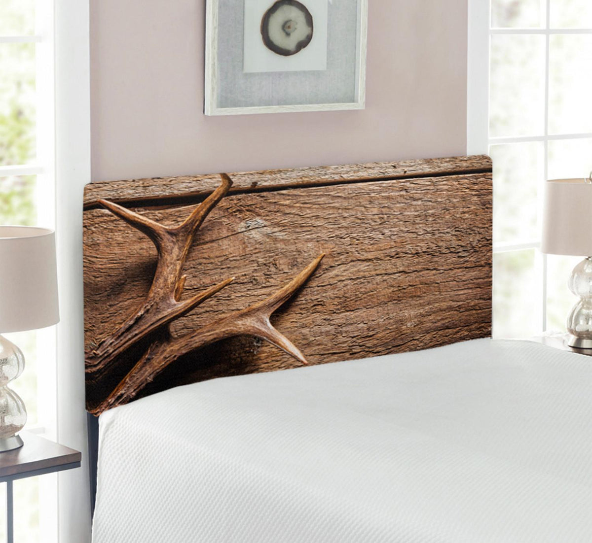 Antlers Headboard, Deer Antlers on Wood Table Rustic Texture Surface Hunting Season Fall Gathering Art, Upholstered Decorative Metal Bed Headboard with Memory Foam, Twin Size, Umber, by Ambesonne
