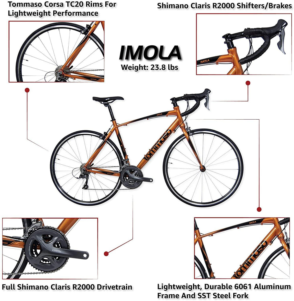 Tommaso Imola Endurance Aluminum Road Bike,  Claris R2000, 24 Speeds, Black, White, Burnt Orange
