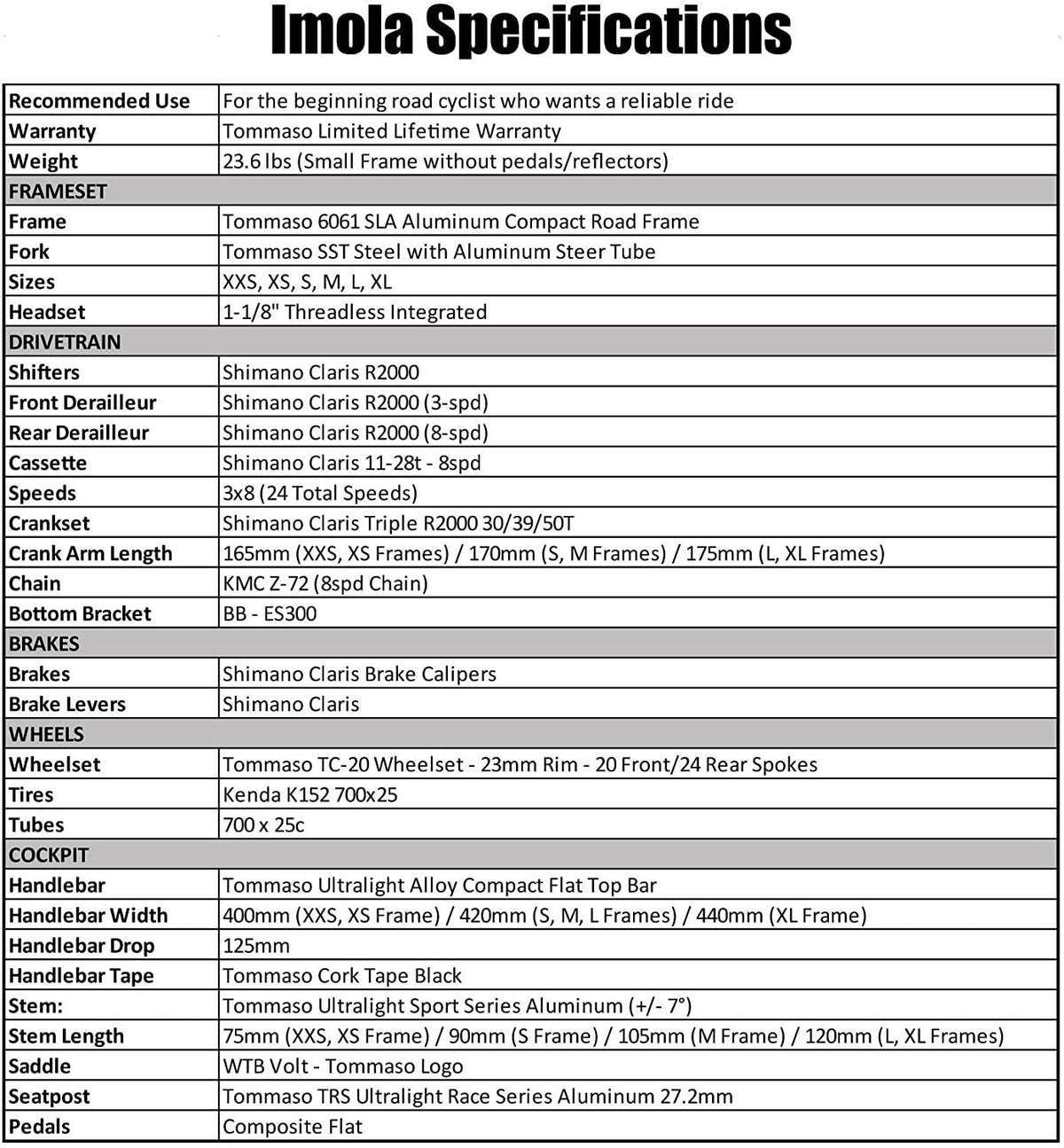 Tommaso Imola Endurance Aluminum Road Bike,  Claris R2000, 24 Speeds, Black, White, Burnt Orange