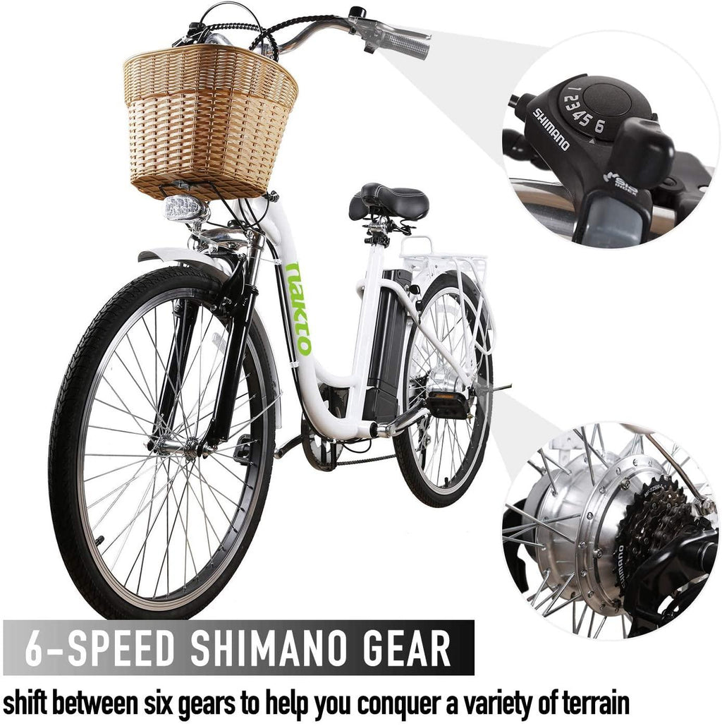 Electric Bike 26" Electric Bicycle for Adults 350W Brushless Gear Motor 6-Speed Gear E-Bike with Removable Waterproof LarCapacity 36V10A Lithium Battery and Battery Charger