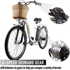 Electric Bike 26" Electric Bicycle for Adults 350W Brushless Gear Motor 6-Speed Gear E-Bike with Removable Waterproof LarCapacity 36V10A Lithium Battery and Battery Charger