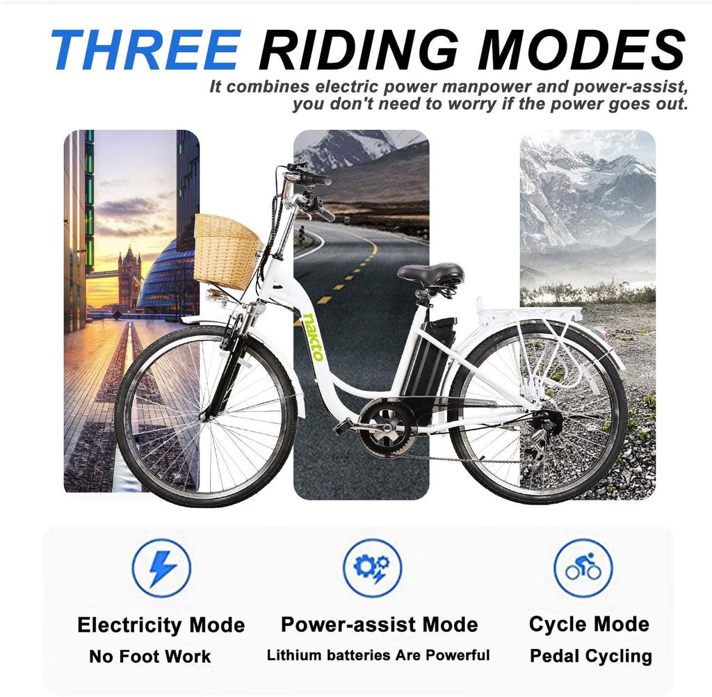 Electric Bike 26" Electric Bicycle for Adults 350W Brushless Gear Motor 6-Speed Gear E-Bike with Removable Waterproof LarCapacity 36V10A Lithium Battery and Battery Charger