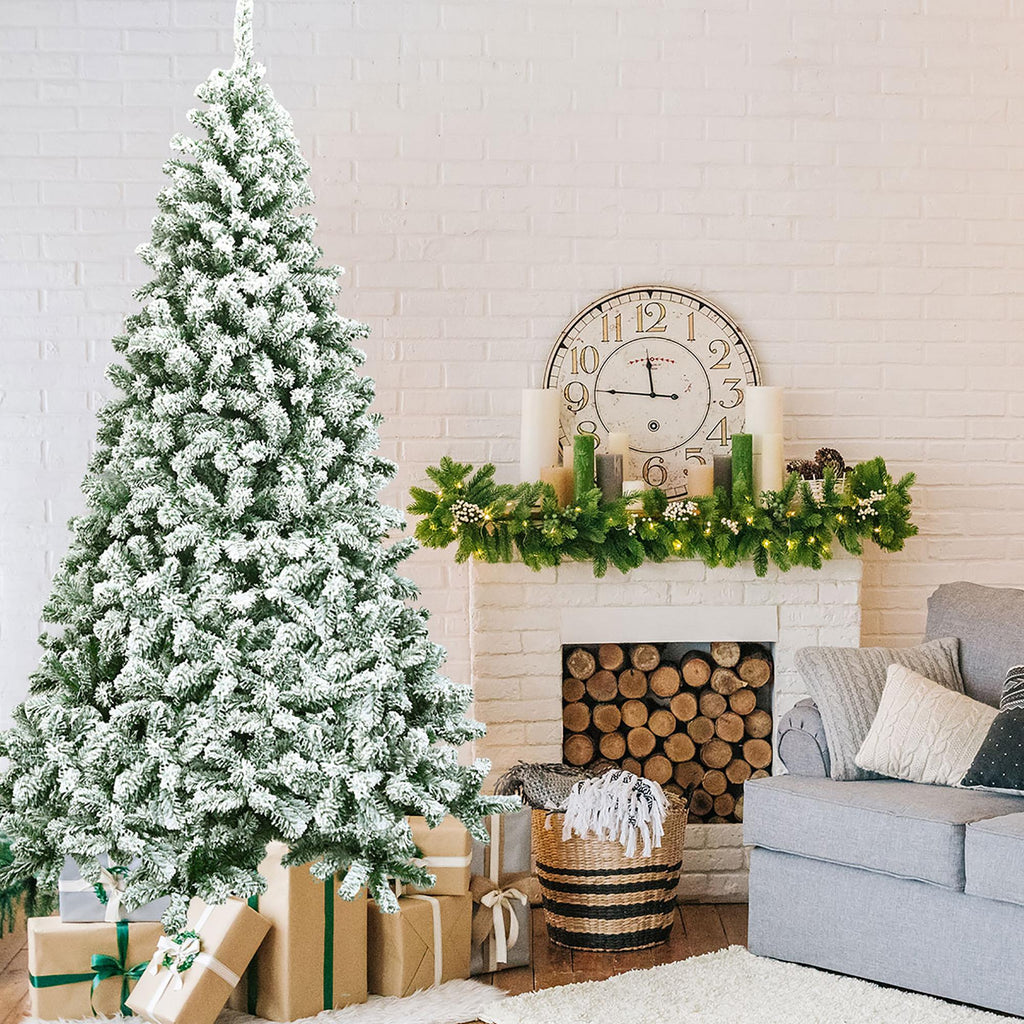 Costway 7.5FT Snow Flocked Artificial Christmas Tree Hinged w/1346 Tip and Foldable Base
