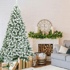 Costway 7.5FT Snow Flocked Artificial Christmas Tree Hinged w/1346 Tip and Foldable Base