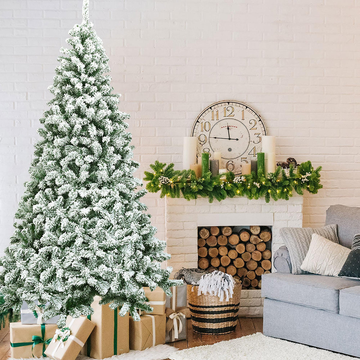 Costway 7.5FT Snow Flocked Artificial Christmas Tree Hinged w/1346 Tip and Foldable Base