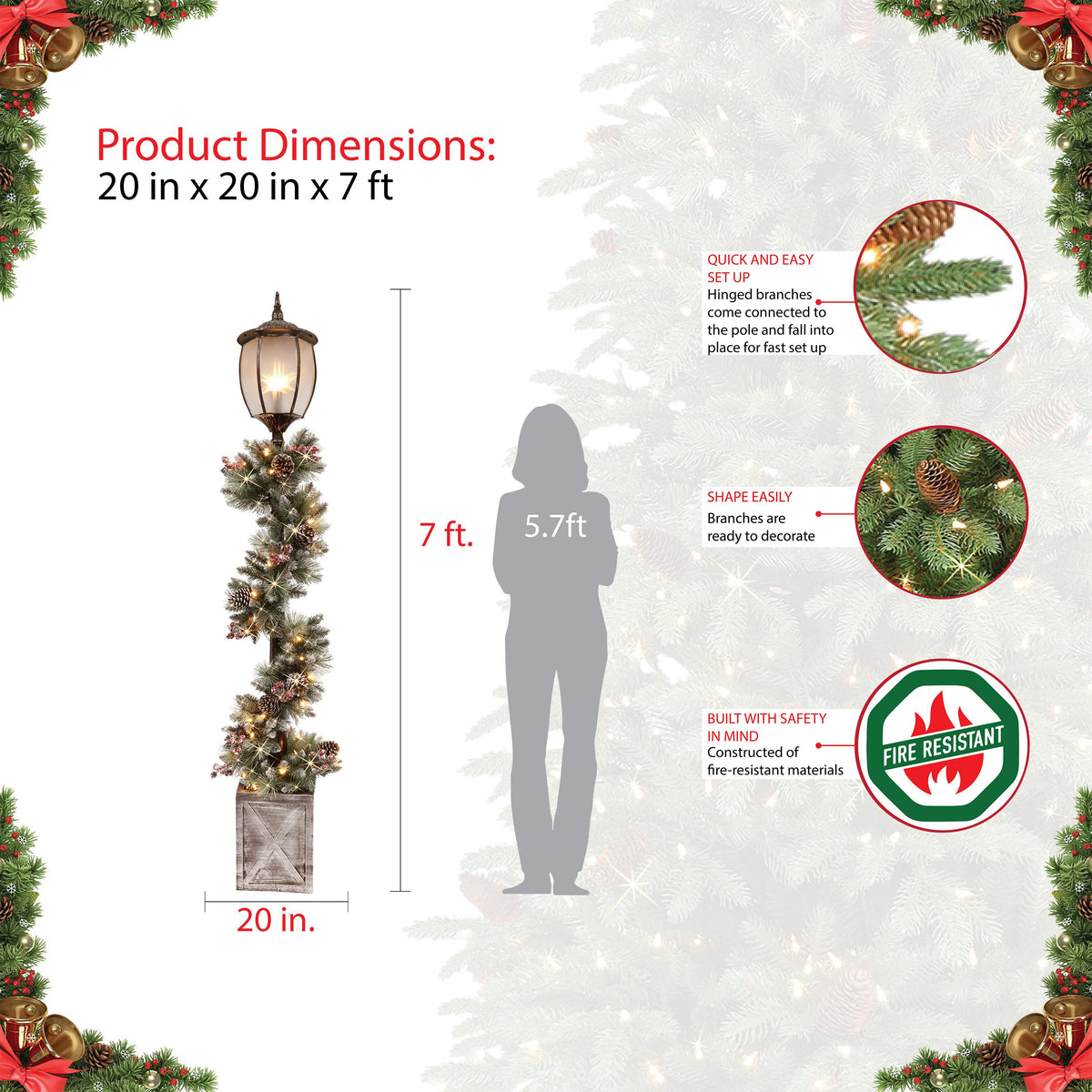 Puleo International Indoor/Outdoor 7 ft. Potted Holiday Lamp Post with Lighted Decorated Garland