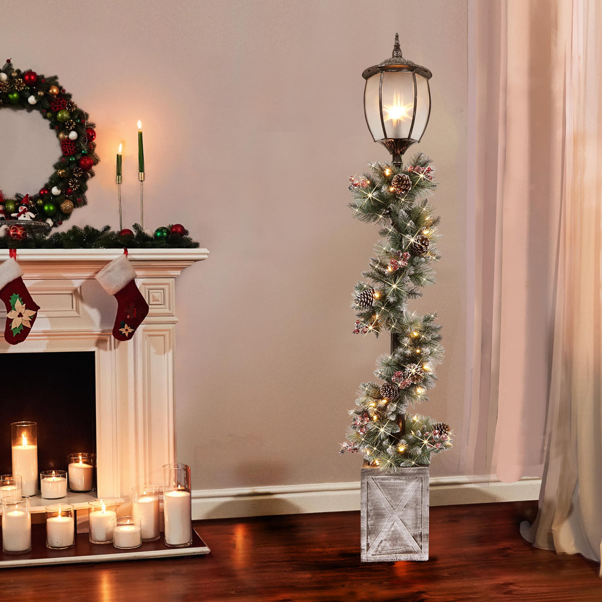 Puleo International Indoor/Outdoor 7 ft. Potted Holiday Lamp Post with Lighted Decorated Garland