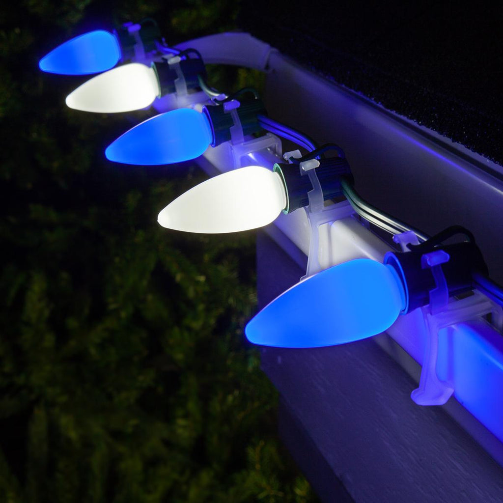 Opticore LED C9 Smooth Ceramic-Style Blue and White Christmas Lights with Shatterproof Christmas Bulbs, 50 Lights, 50’