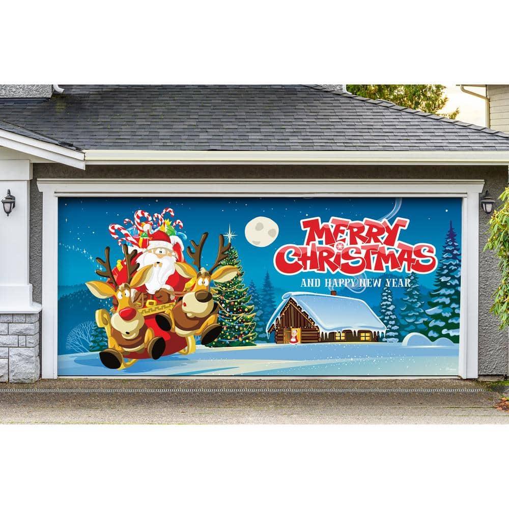 7 ft. x 16 ft. Santa's Take off Christmas Garage Door Decor Mural for Double Car Garage