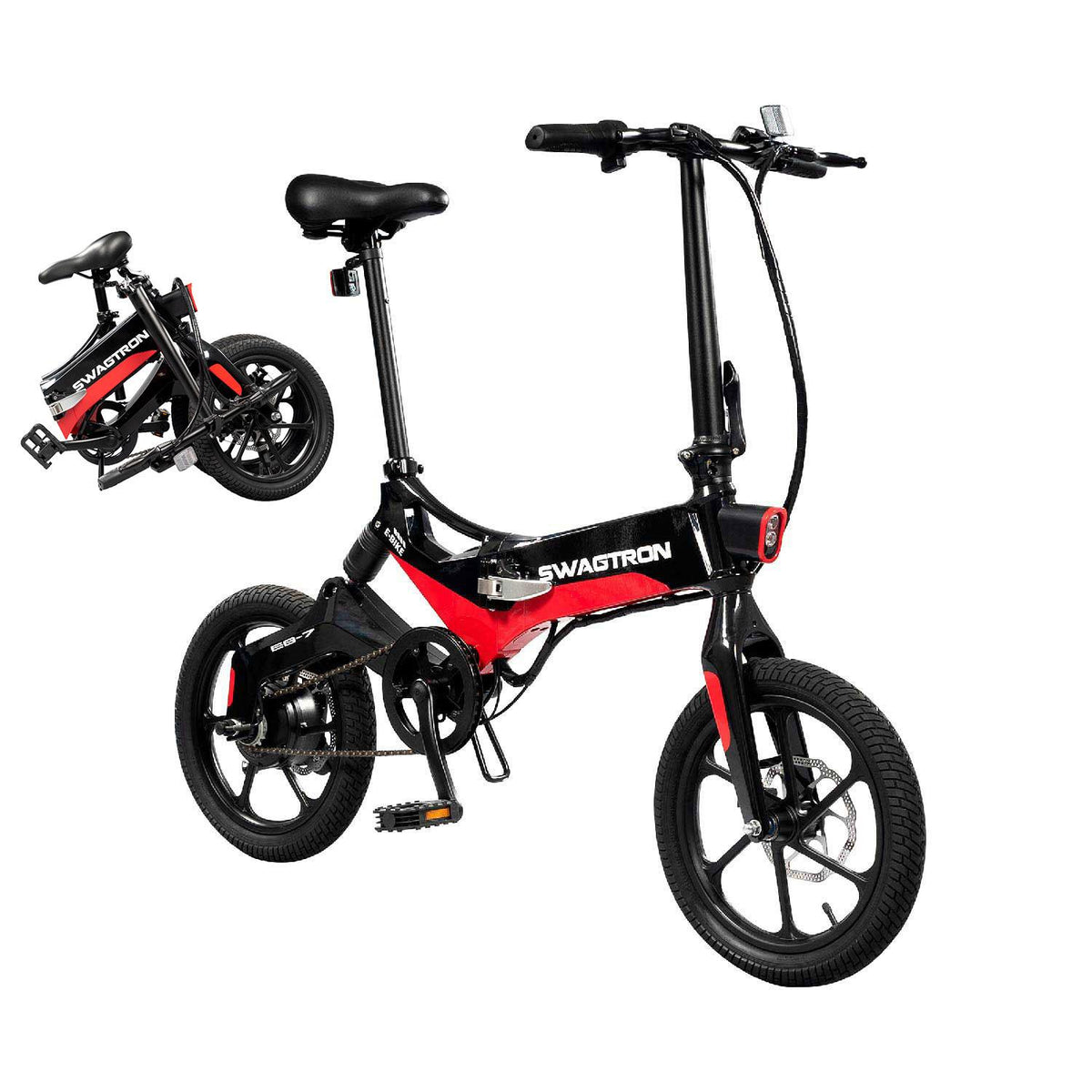 SWAGTRON EB7 Long-RanFolding Electric Bike, 16-Inch Wheels, Swappable Battery with Keylock &amp; Rear Suspension