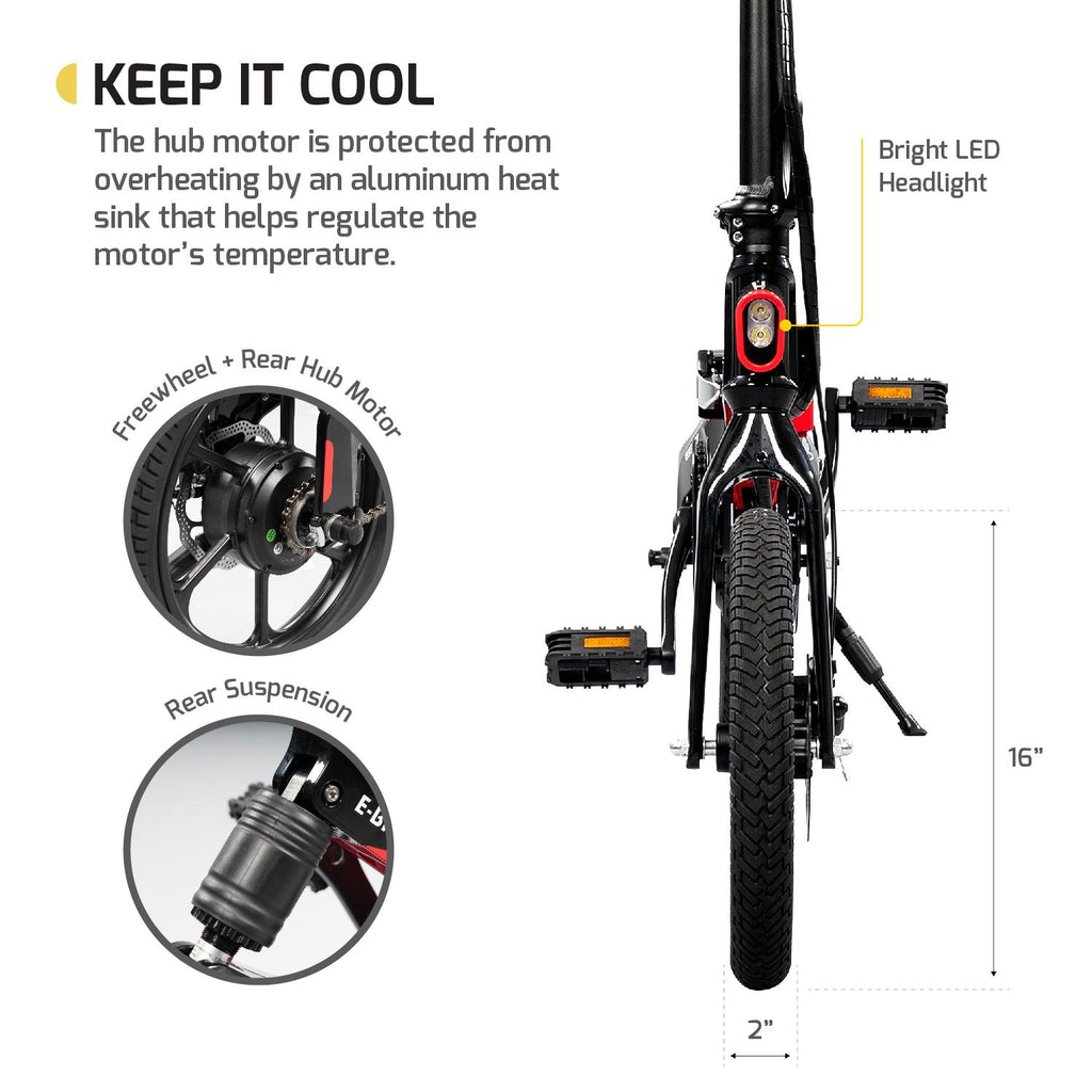 SWAGTRON EB7 Long-RanFolding Electric Bike, 16-Inch Wheels, Swappable Battery with Keylock &amp; Rear Suspension