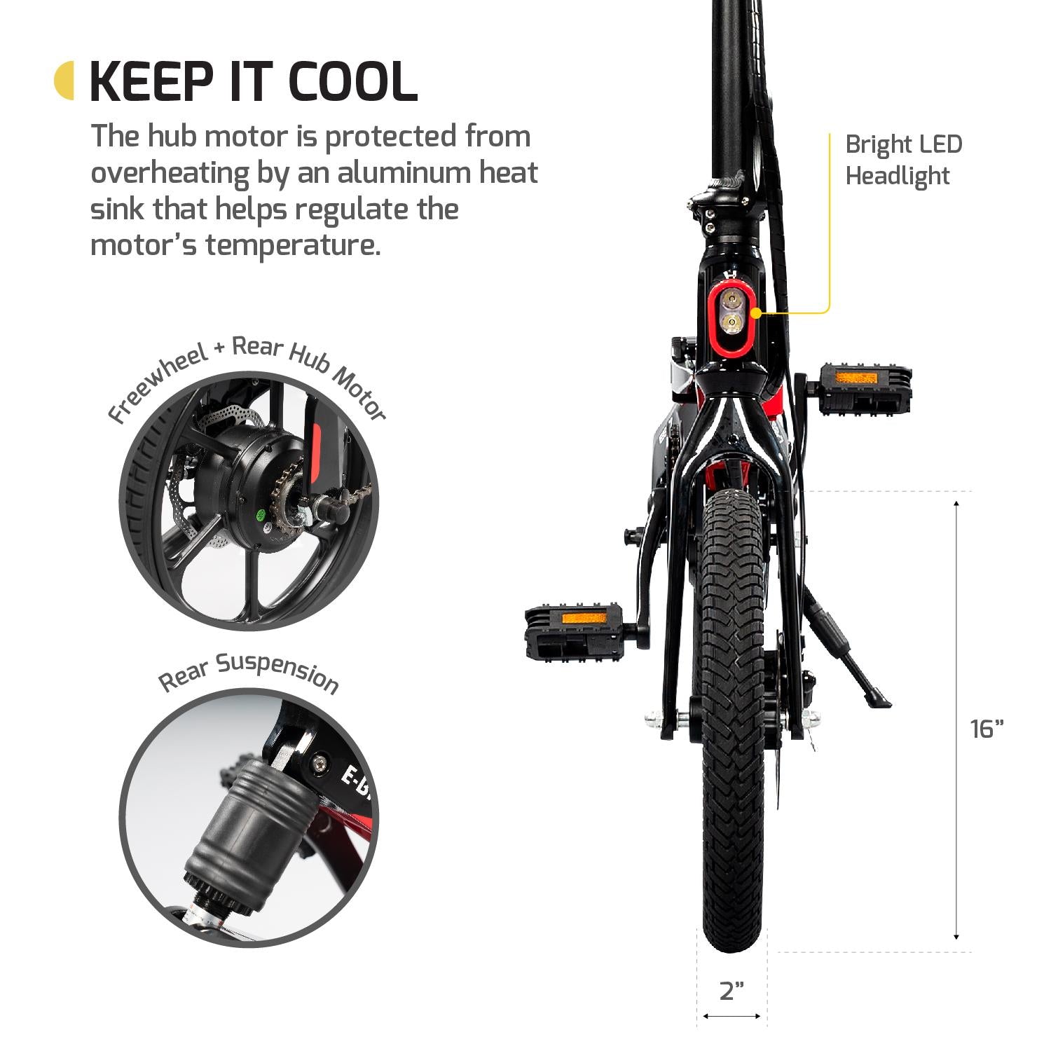 SWAGTRON EB7 Long-RanFolding Electric Bike, 16-Inch Wheels, Swappable Battery with Keylock &amp; Rear Suspension