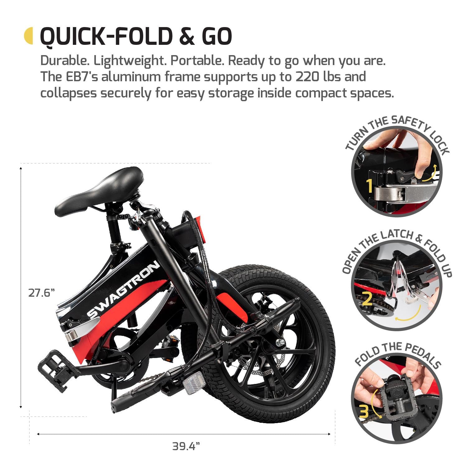 SWAGTRON EB7 Long-RanFolding Electric Bike, 16-Inch Wheels, Swappable Battery with Keylock &amp; Rear Suspension