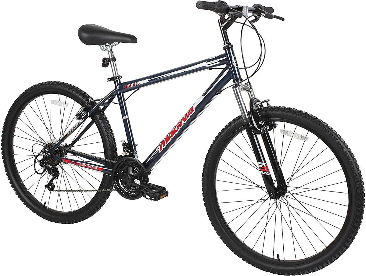 Dynacraft Magna Front Shock Mountain Bike Boys, Girls, Mens and Womens 24 and 26 Inch Wheels with 18 Speed Grip Shifter and Dual Handbrakes in Red, Purple, Pink and Black