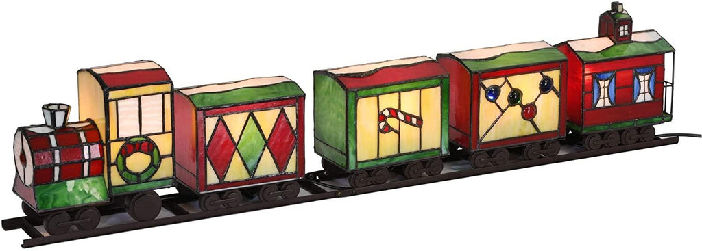 Bieye L10774 Christmas Train Tiffany Style Stained Glass Accent Table Lamp Night Light for Decorating, 39"L x 8"H