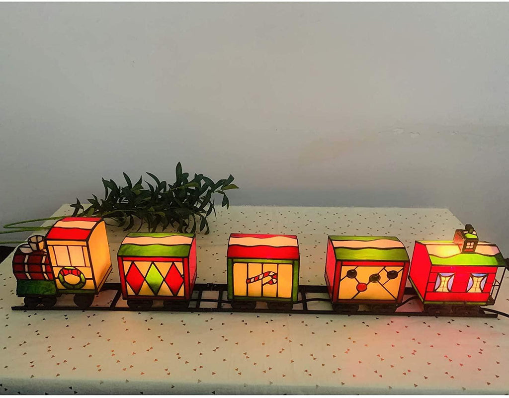 Bieye L10774 Christmas Train Tiffany Style Stained Glass Accent Table Lamp Night Light for Decorating, 39"L x 8"H