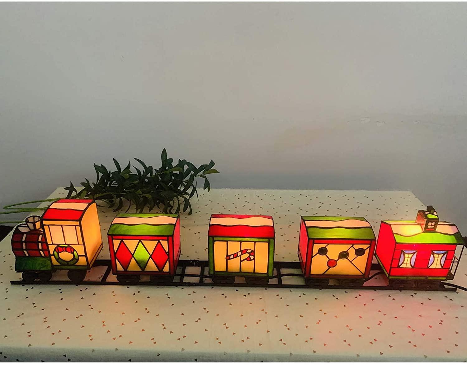 Bieye L10774 Christmas Train Tiffany Style Stained Glass Accent Table Lamp Night Light for Decorating, 39"L x 8"H
