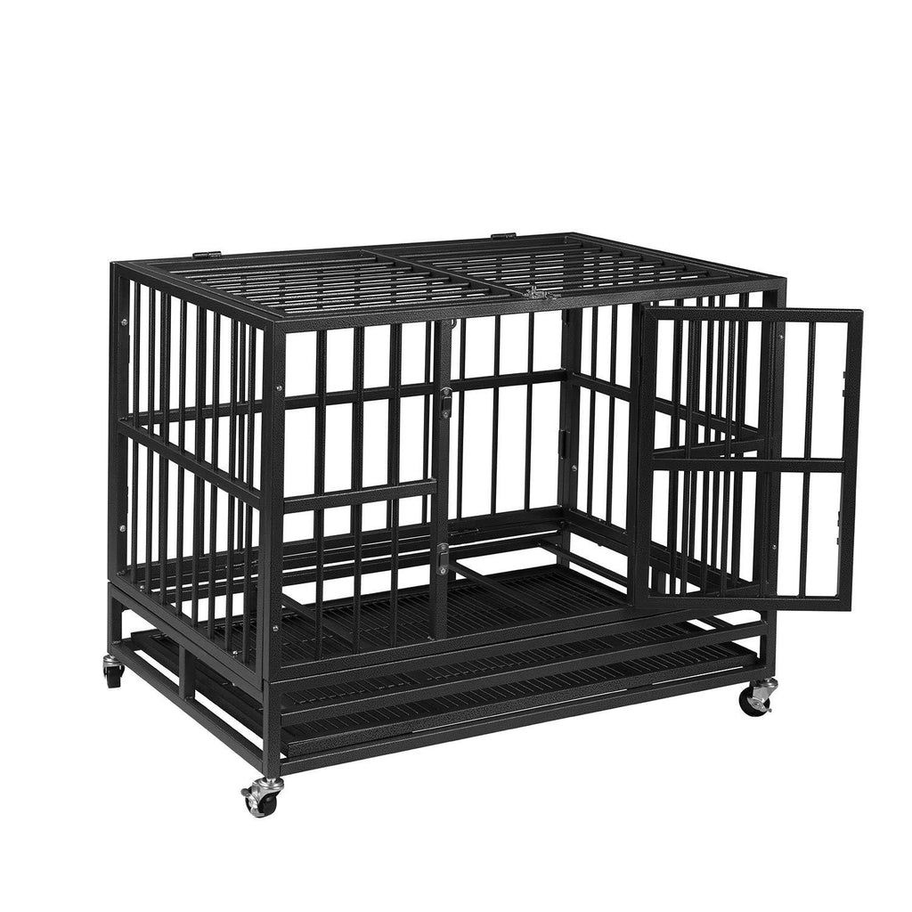 AINFOX 37/42/48inch Heavy Duty Metal Dog Crate, LarDouble Door Folding Strong Dog Pet Kennel CaTray, Fits LarDog Breeds