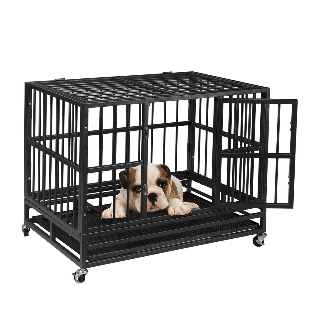 AINFOX 37/42/48inch Heavy Duty Metal Dog Crate, LarDouble Door Folding Strong Dog Pet Kennel CaTray, Fits LarDog Breeds