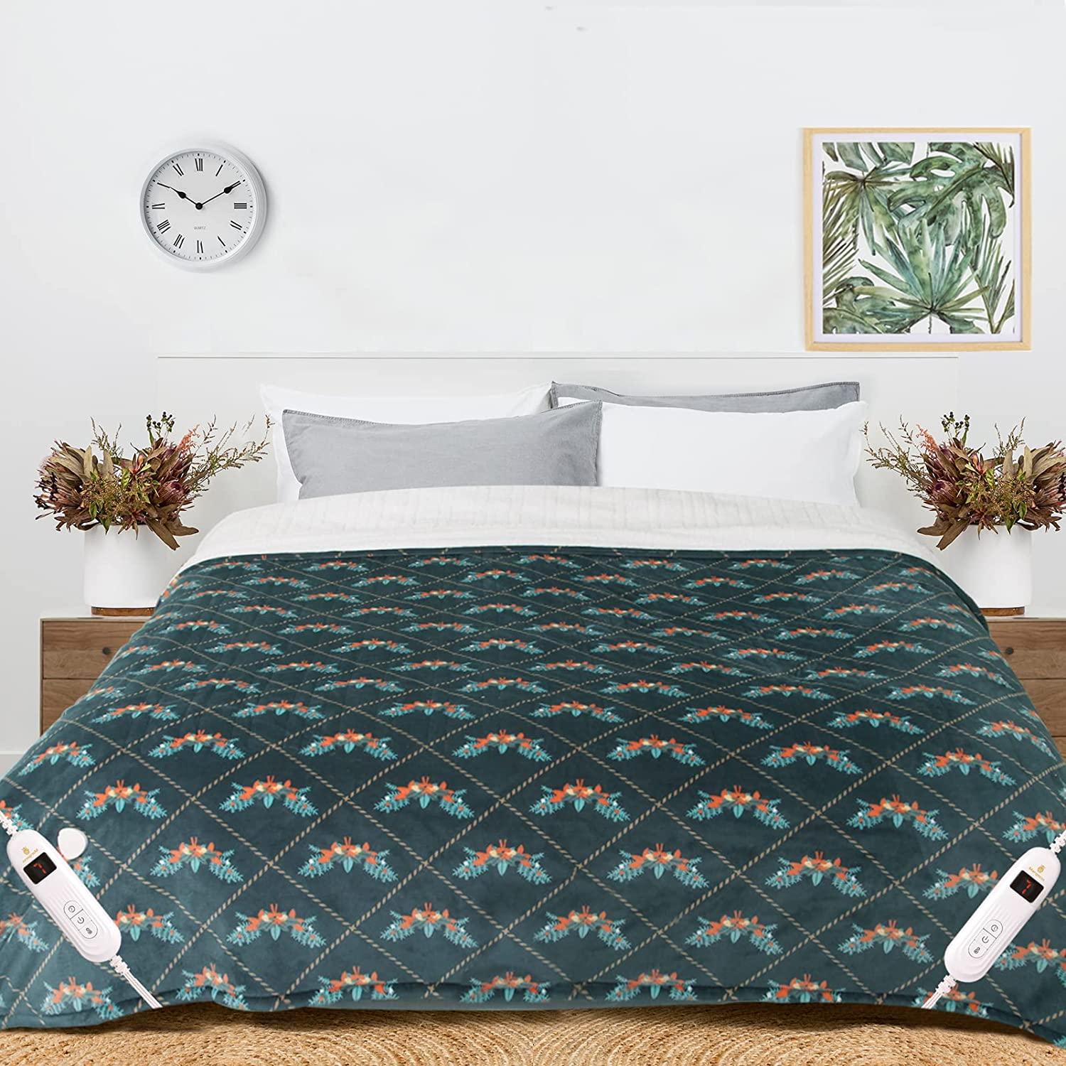 Printed Electric Heated Blanket Queen Plush Reversible Sherpa &amp; Flannel Washable Heated Throw with 10 Heat Settings/Safety 8 Hours Auto-Off Dual Controllers (Dark Green, 84‘’×90“)…