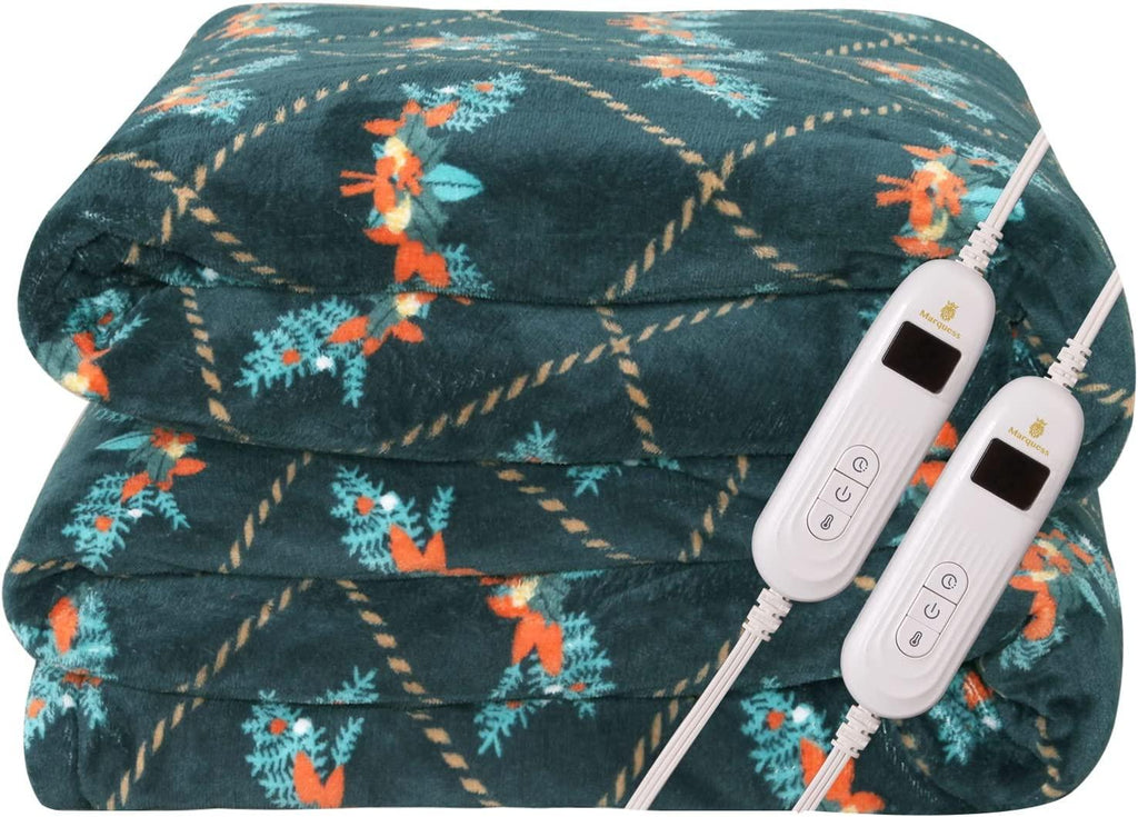 Printed Electric Heated Blanket Queen Plush Reversible Sherpa &amp; Flannel Washable Heated Throw with 10 Heat Settings/Safety 8 Hours Auto-Off Dual Controllers (Dark Green, 84‘’×90“)…