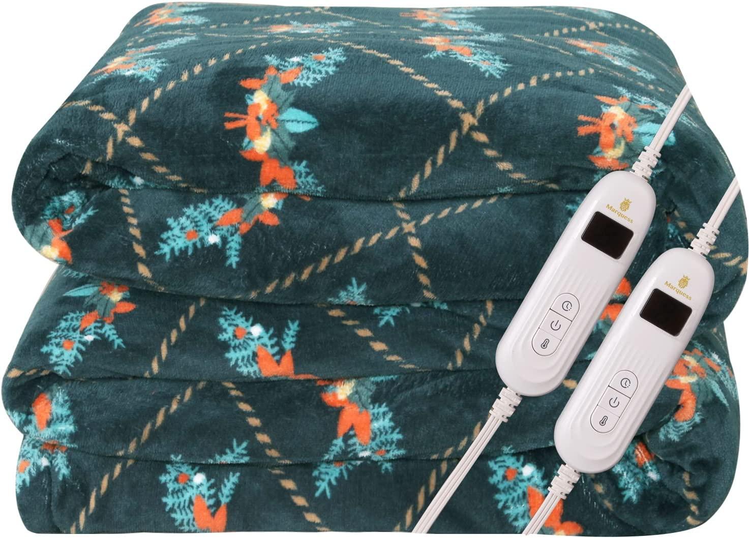 Printed Electric Heated Blanket Queen Plush Reversible Sherpa &amp; Flannel Washable Heated Throw with 10 Heat Settings/Safety 8 Hours Auto-Off Dual Controllers (Dark Green, 84‘’×90“)…