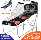 Shootout Basketball Arcade Game, Home Dual Shot with LED Lights and Scorer - 8-Option Interactive Indoor Basketball Hoop Game with Double Hoops, 7 Basketballs, Pump - For Room, Dorm, Classic