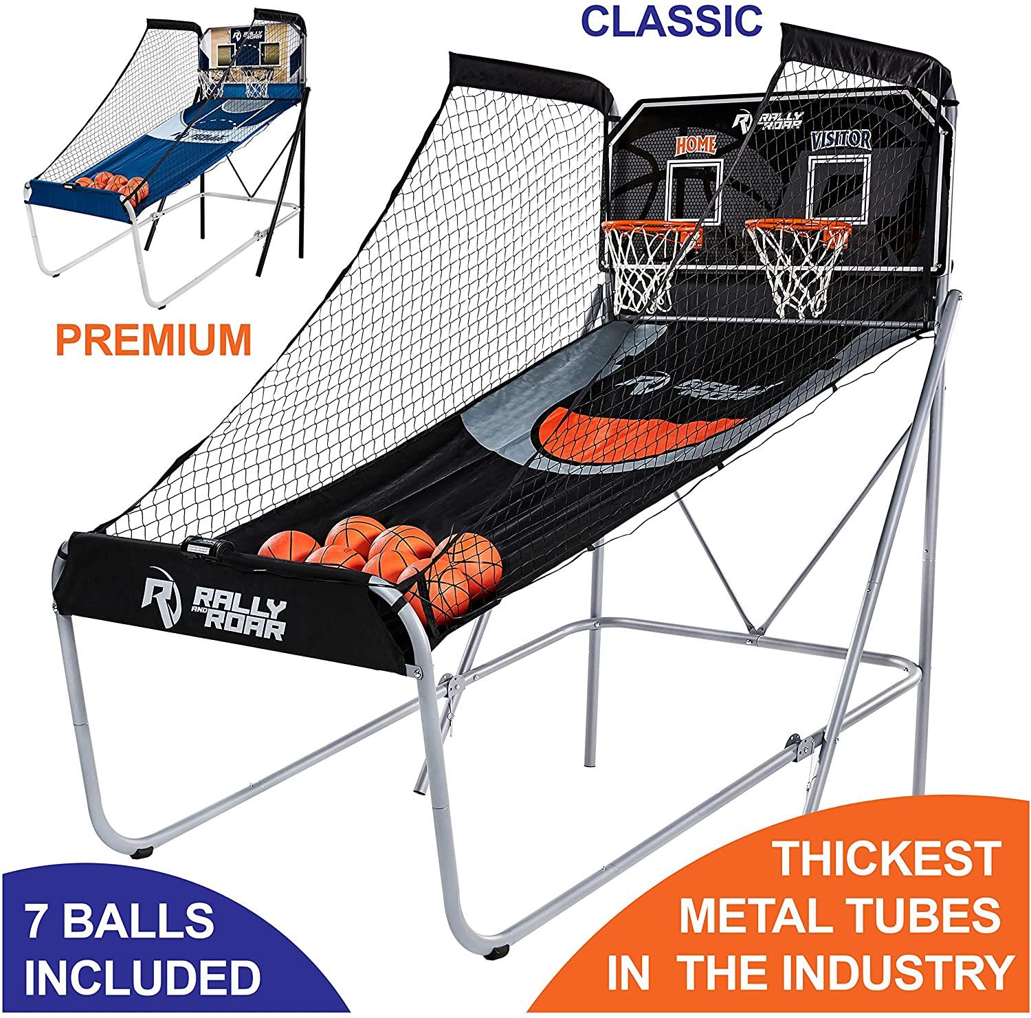 Shootout Basketball Arcade Game, Home Dual Shot with LED Lights and Scorer - 8-Option Interactive Indoor Basketball Hoop Game with Double Hoops, 7 Basketballs, Pump - For Room, Dorm, Classic