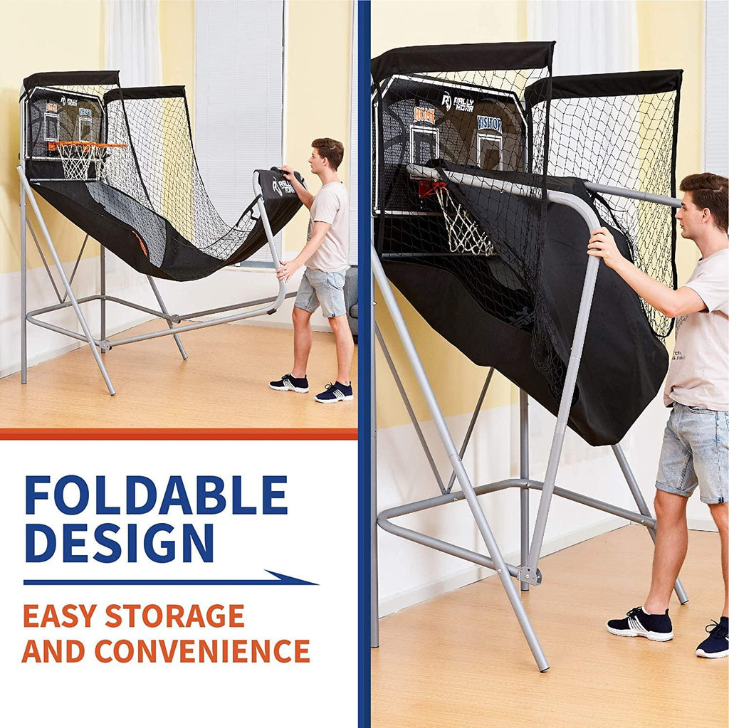 Shootout Basketball Arcade Game, Home Dual Shot with LED Lights and Scorer - 8-Option Interactive Indoor Basketball Hoop Game with Double Hoops, 7 Basketballs, Pump - For Room, Dorm, Classic