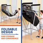 Shootout Basketball Arcade Game, Home Dual Shot with LED Lights and Scorer - 8-Option Interactive Indoor Basketball Hoop Game with Double Hoops, 7 Basketballs, Pump - For Room, Dorm, Classic