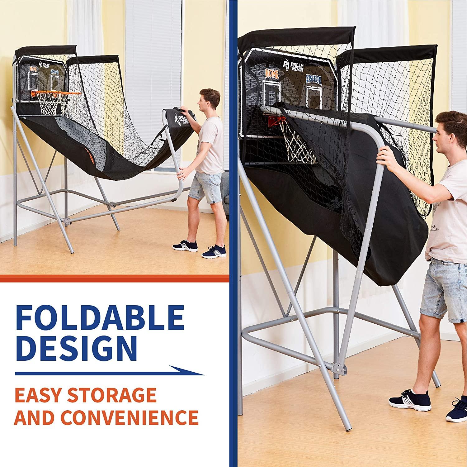 Shootout Basketball Arcade Game, Home Dual Shot with LED Lights and Scorer - 8-Option Interactive Indoor Basketball Hoop Game with Double Hoops, 7 Basketballs, Pump - For Room, Dorm, Classic