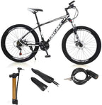 VIPIH Mens Mountain Bike 27.5-Inch Wheels, Alumiunm Frame, 21 Speed Thumb Shifter, Front Suspension, Dual Disc Brakes Women Adult Bicycles White-Black w/mudguards, Bike Lock, Air Pump