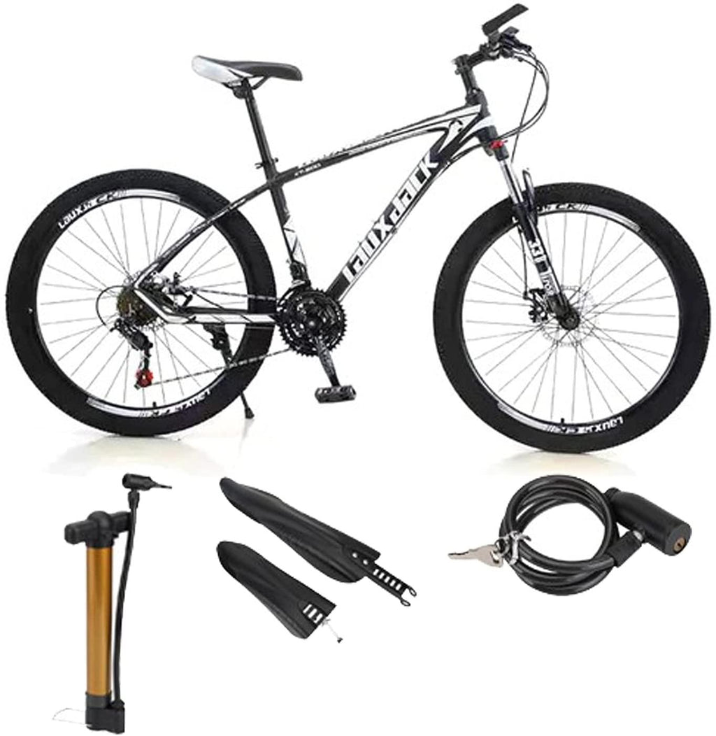 VIPIH Mens Mountain Bike 27.5-Inch Wheels, Alumiunm Frame, 21 Speed Thumb Shifter, Front Suspension, Dual Disc Brakes Women Adult Bicycles White-Black w/mudguards, Bike Lock, Air Pump