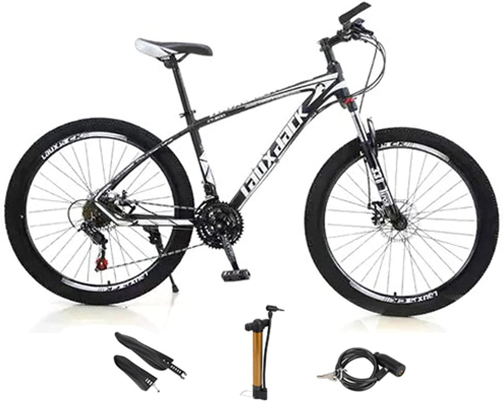 VIPIH Mens Mountain Bike 27.5-Inch Wheels, Alumiunm Frame, 21 Speed Thumb Shifter, Front Suspension, Dual Disc Brakes Women Adult Bicycles White-Black w/mudguards, Bike Lock, Air Pump