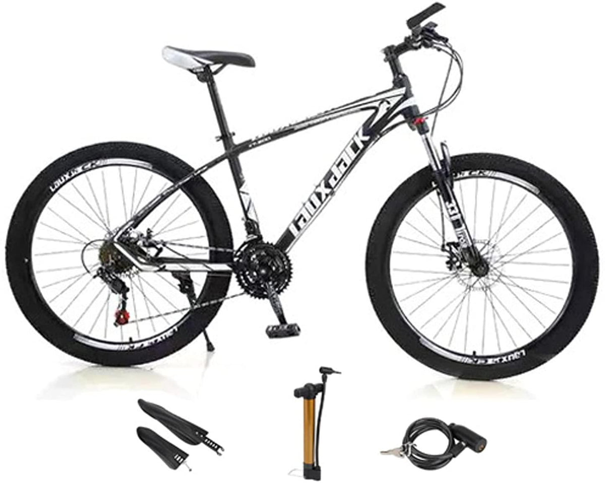 VIPIH Mens Mountain Bike 27.5-Inch Wheels, Alumiunm Frame, 21 Speed Thumb Shifter, Front Suspension, Dual Disc Brakes Women Adult Bicycles White-Black w/mudguards, Bike Lock, Air Pump