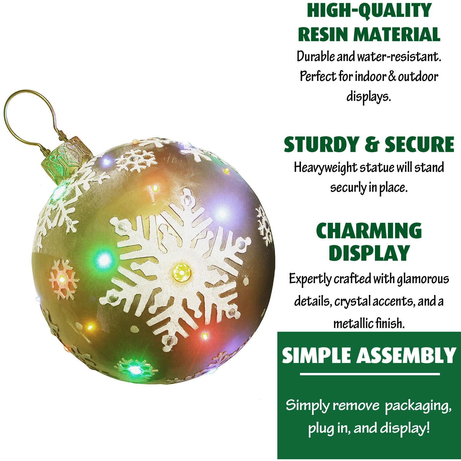 Fraser Hill Farm Indoor/Outdoor Oversized Christmas Decor w/ Long-Lasting LED Lights, 18-In. Jeweled Ball Ornament w/Snowflake  in Gold
